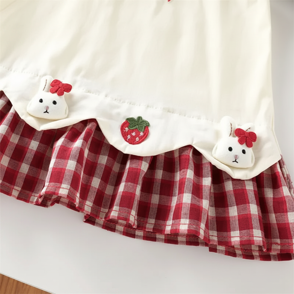 BerryBloom – Bonito y cómodo: vestido de niña con estampado de fresas y conejitos