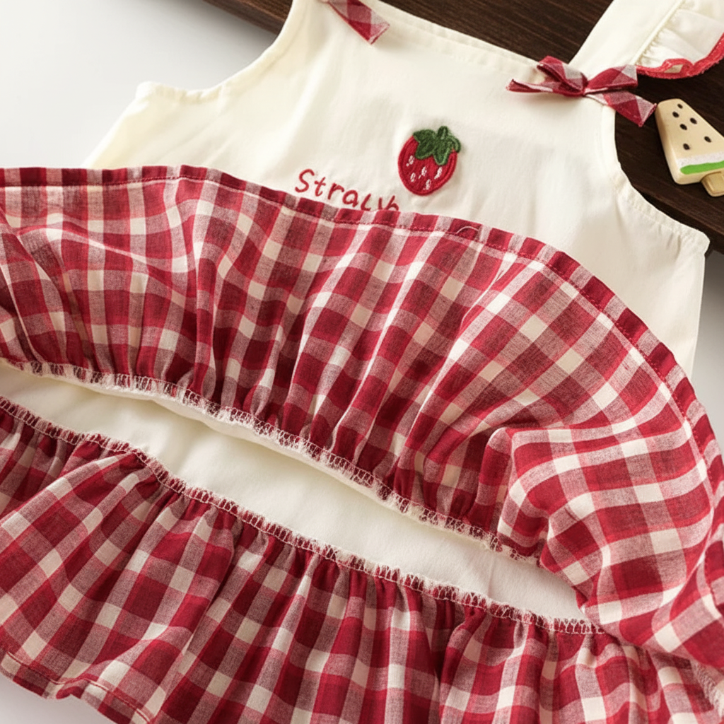 BerryBloom – Bonito y cómodo: vestido de niña con estampado de fresas y conejitos