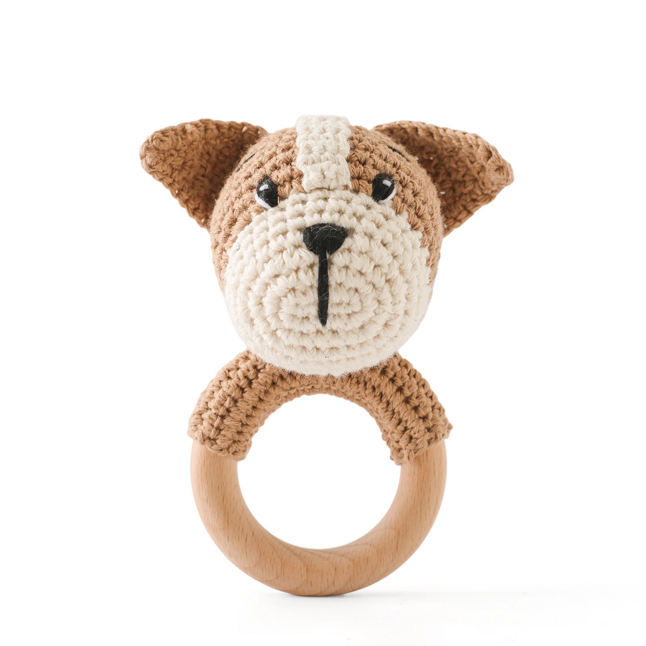 CuddleRattle – Suave y divertido – Sonajero de ganchillo para bebé con anillo de madera