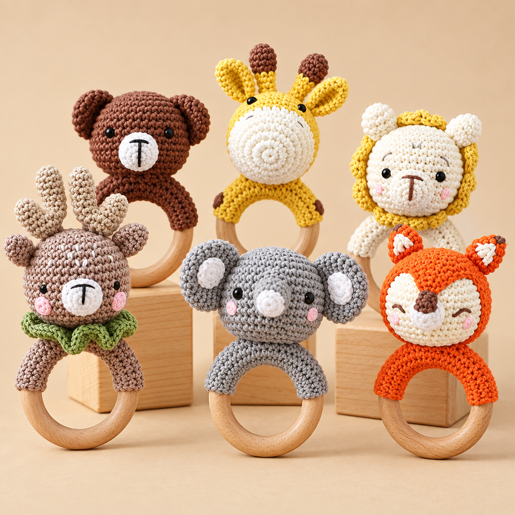 CuddleRattle – Suave y divertido – Sonajero de ganchillo para bebé con anillo de madera