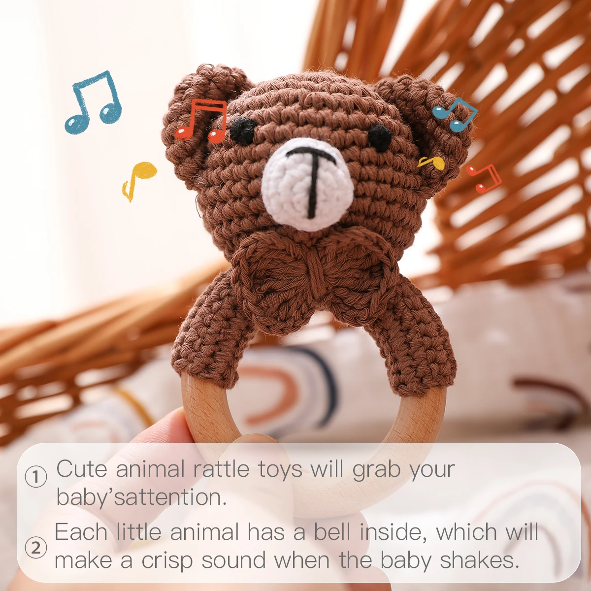 CuddleRattle – Suave y divertido – Sonajero de ganchillo para bebé con anillo de madera