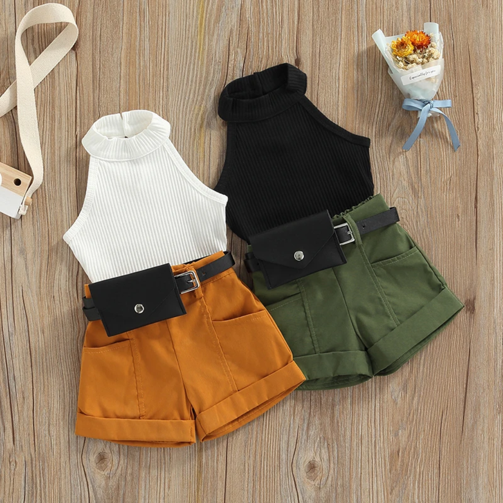 MiniFashionista – Elegancia y tendencias – Conjunto para niñas con camiseta, pantalones cortos y riñonera