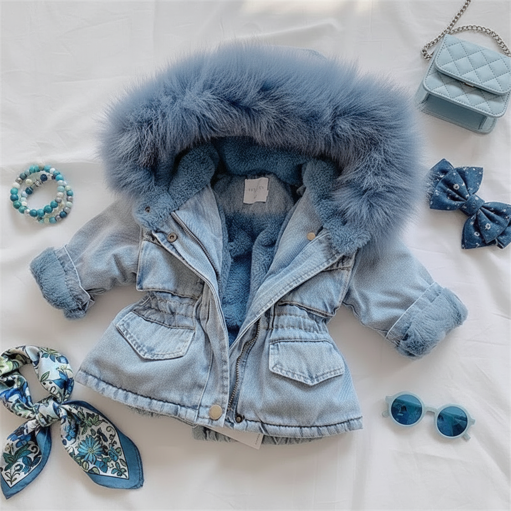 FurDream – Denim Look – Abrigo de invierno con capucha