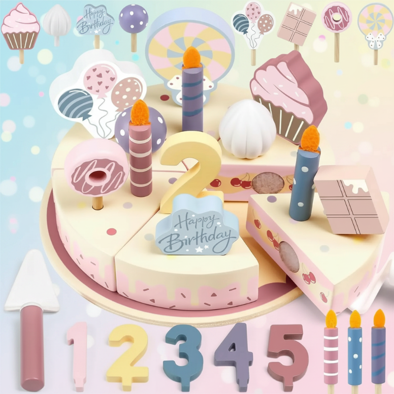 Wooden Cake Cutting Toy – Creatividad y juegos de rol – Tarta de cumpleaños de madera