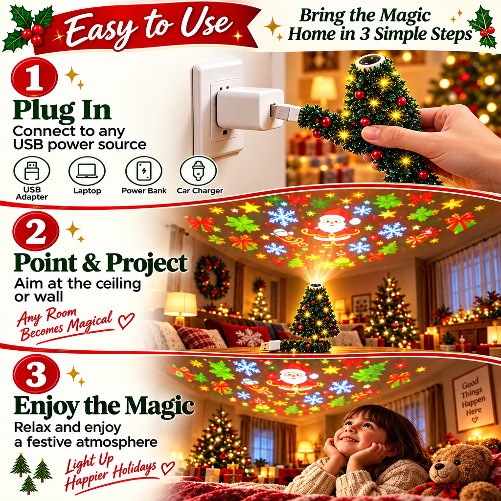 HolidayBeam – Festivo y acogedor: proyector navideño USB con patrones de luz