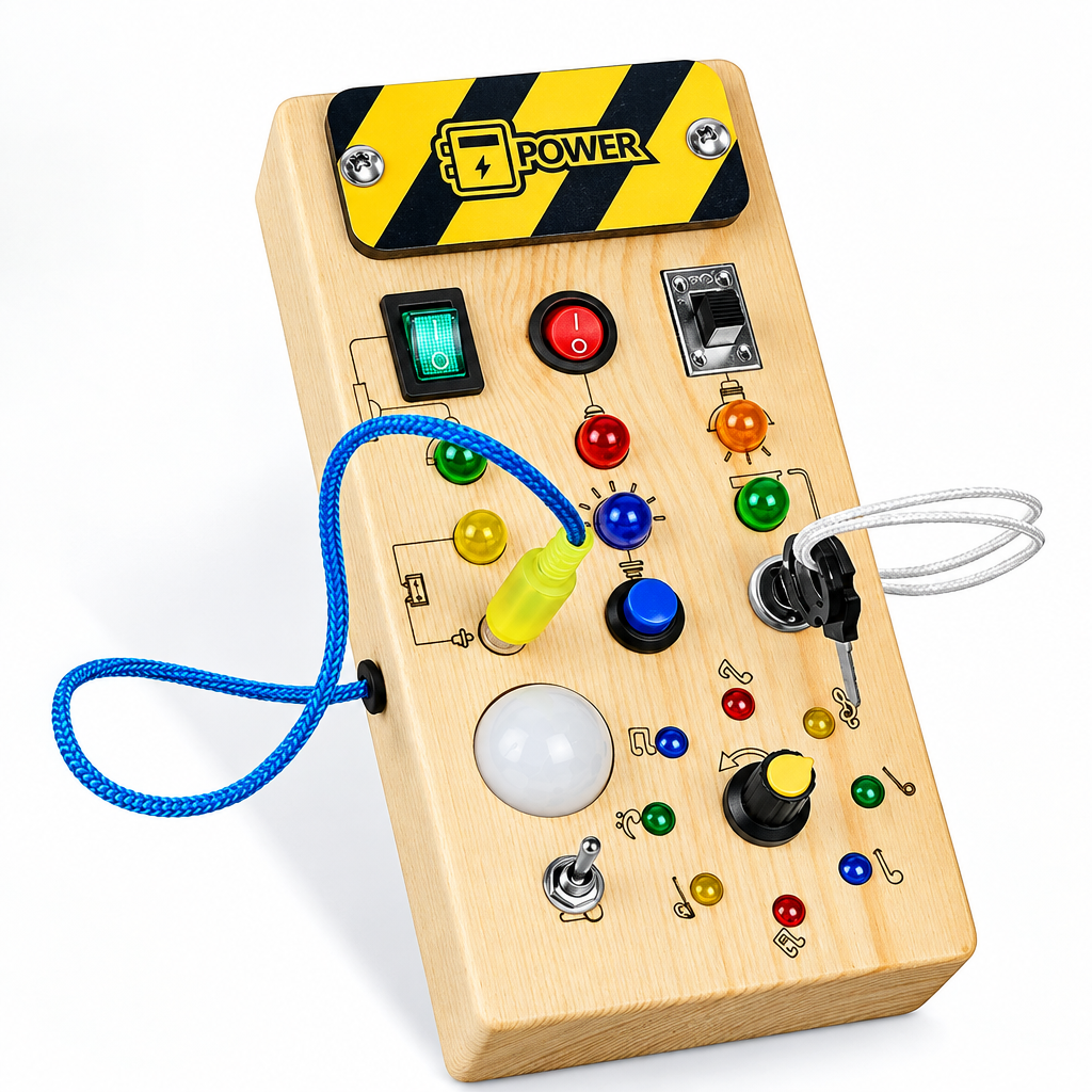 TinyTech – Tablero de actividades de madera con luces e interruptores – Juguete educativo