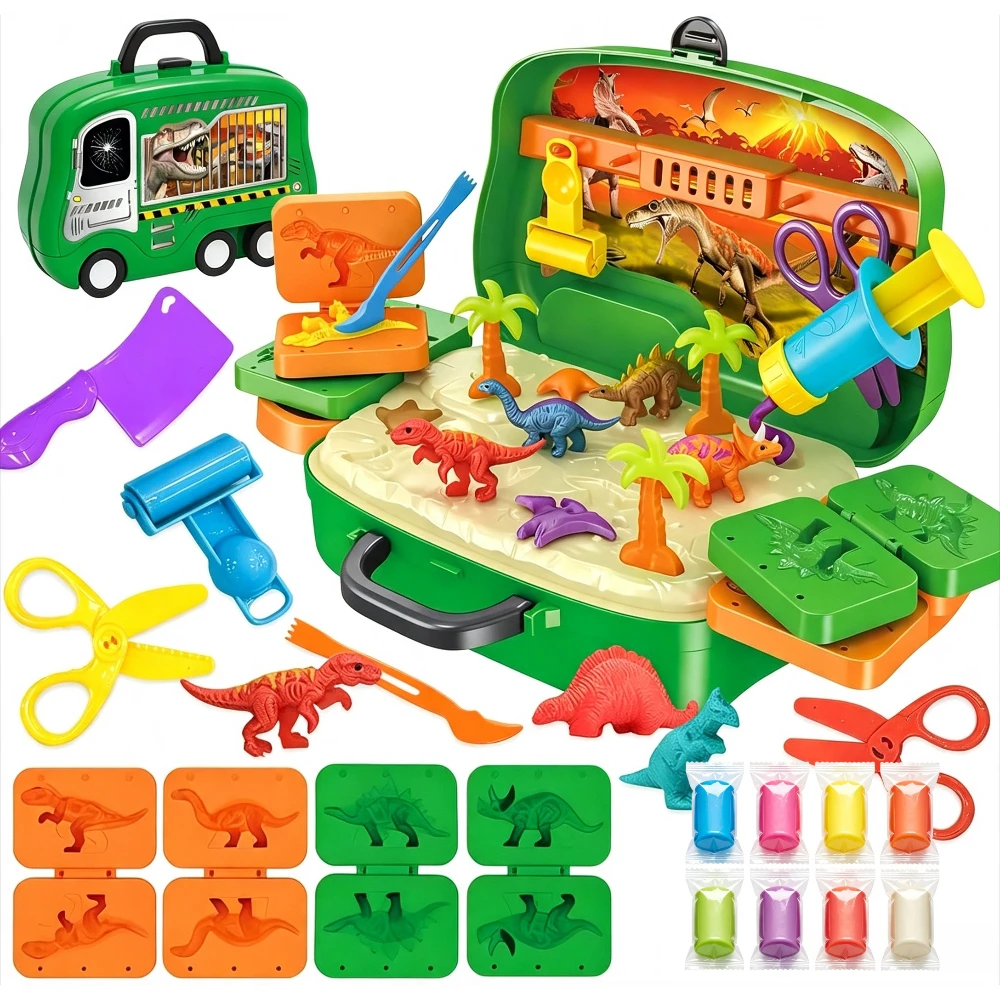 DinoMaker – Creativo y lúdico – Set de juego de plastilina de dinosaurios con moldes y herramientas