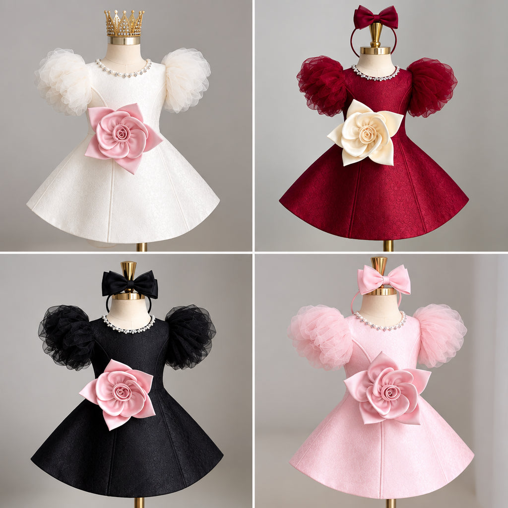 LittleRose – Elegante y festivo: vestido de niña con flor en 3D y mangas abullonadas