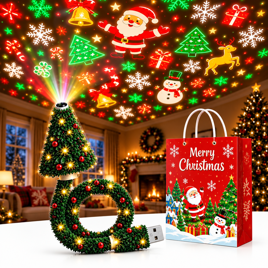 HolidayBeam – Festivo y acogedor: proyector navideño USB con patrones de luz