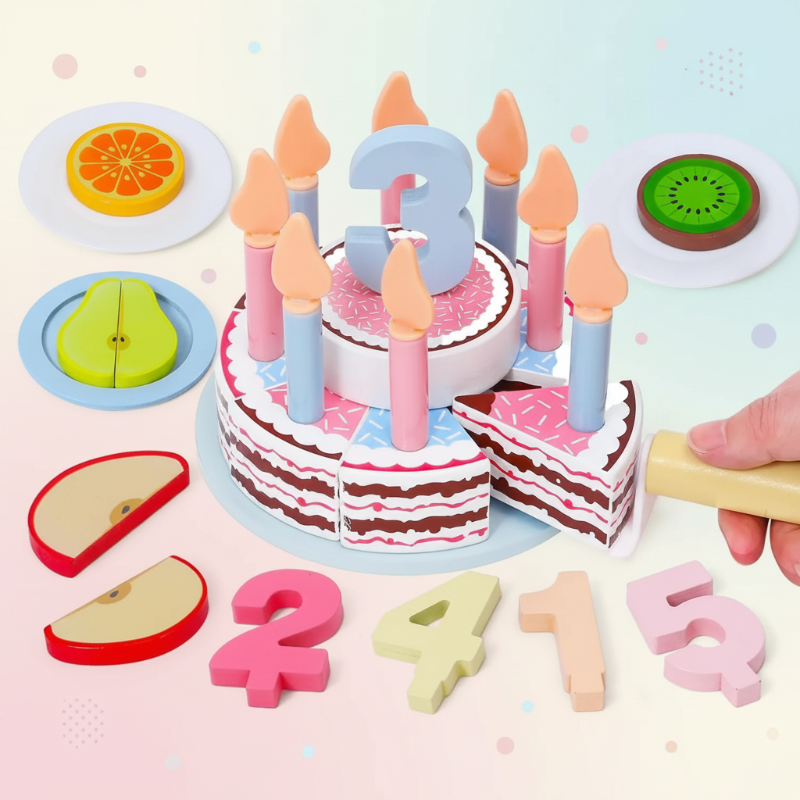 Wooden Cake Cutting Toy – Creatividad y juegos de rol – Tarta de cumpleaños de madera