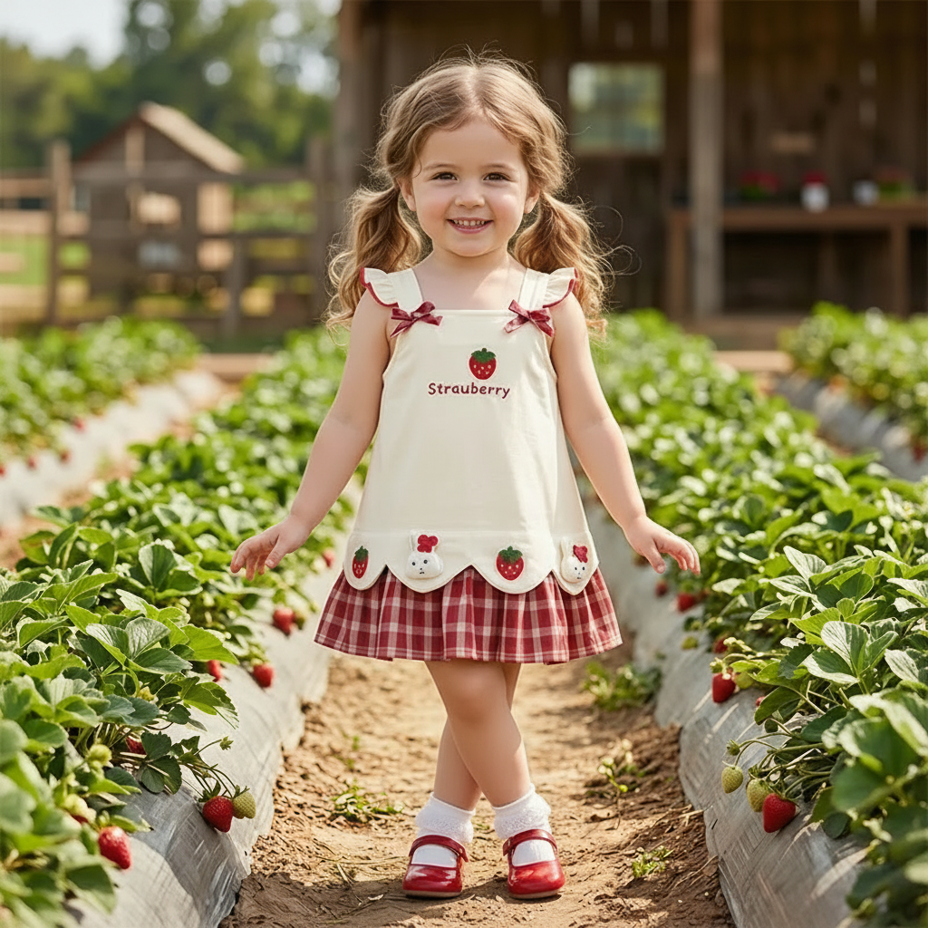 BerryBloom – Bonito y cómodo: vestido de niña con estampado de fresas y conejitos