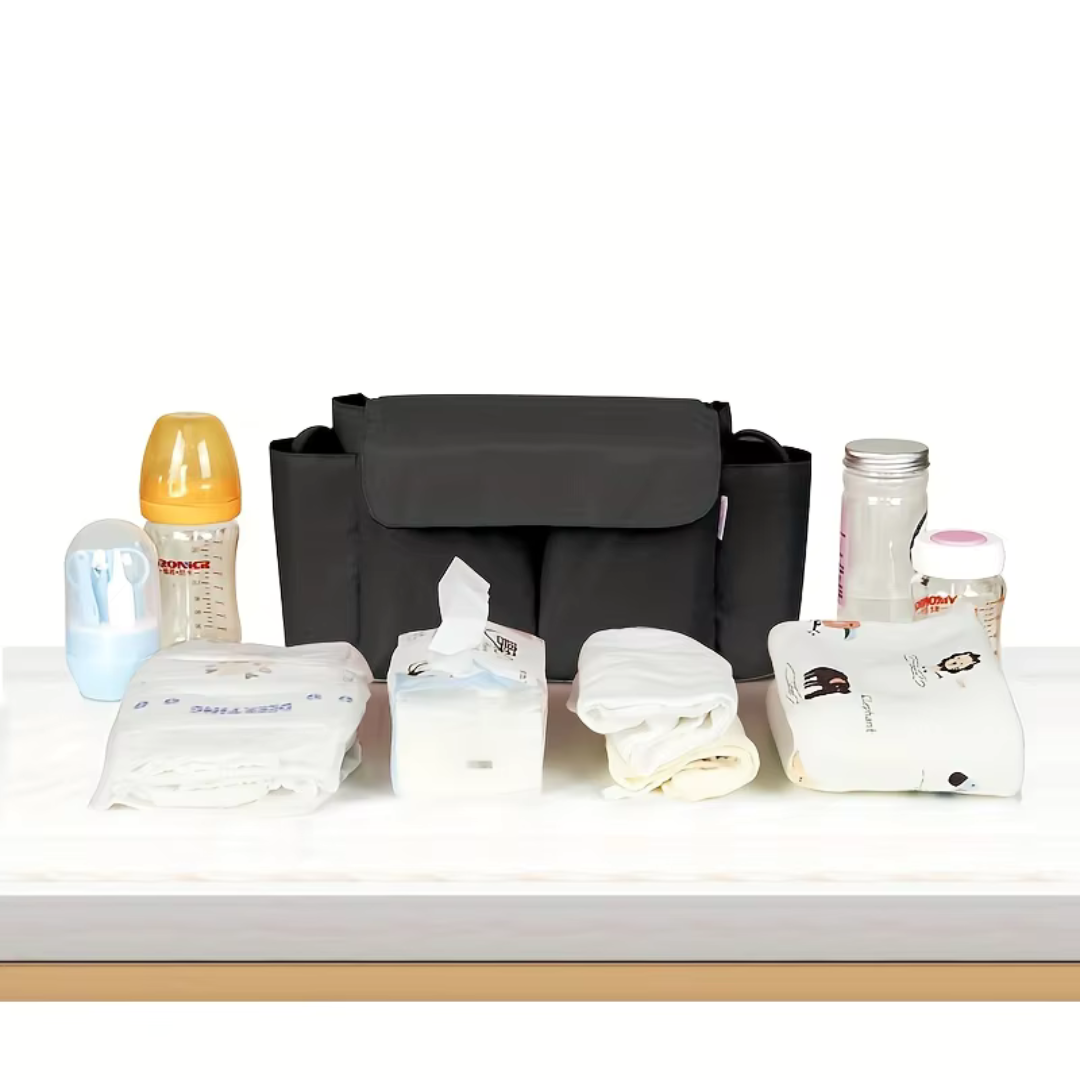 ToddlerOrganizer – Repelente al agua y espacioso: organizador para cochecitos con portabotellas
