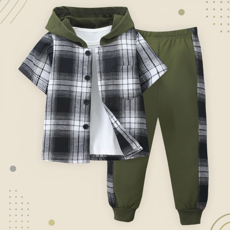 Boys Checkered Outfit – Moderno y cómodo: conjunto de ropa infantil a cuadros