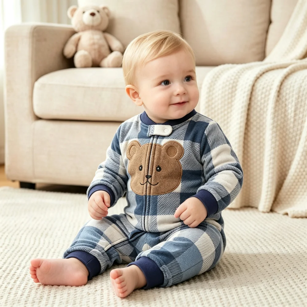 WarmBuddy – Bonito y suave: mono de bebé de forro polar con estampado de dibujos animados