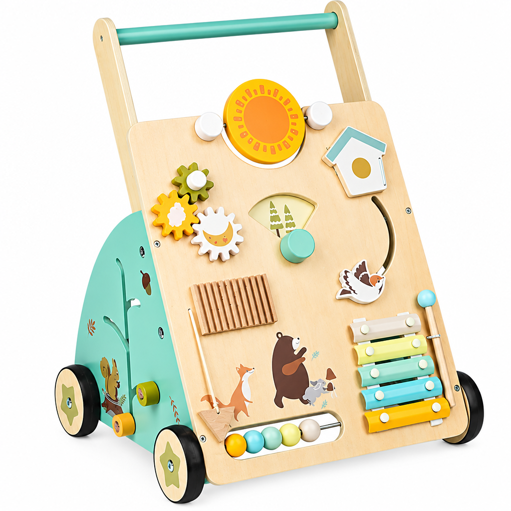 WoodenSteps – Natural y educativo – Andador de madera para bebés con paneles de juego
