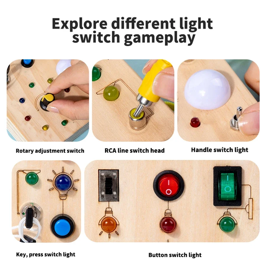 TinyTech – Tablero de actividades de madera con luces e interruptores – Juguete educativo