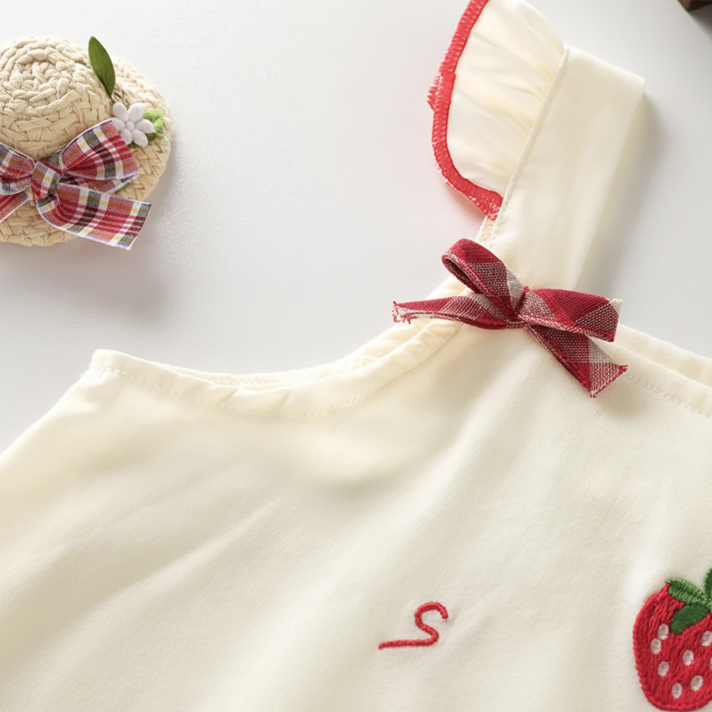 BerryBloom – Bonito y cómodo: vestido de niña con estampado de fresas y conejitos