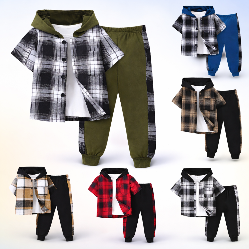 Boys Checkered Outfit – Moderno y cómodo: conjunto de ropa infantil a cuadros