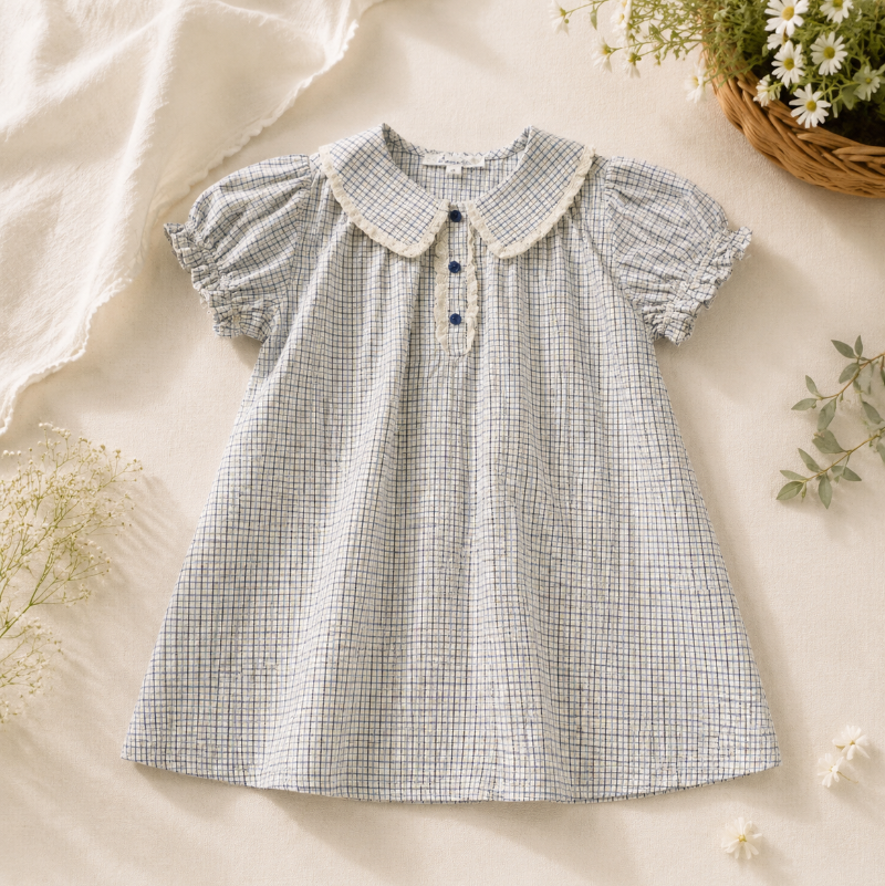 Check Dress – Suave y transpirable – Cuello clásico con mangas abullonadas