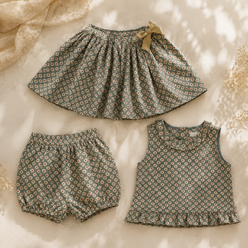 Matching Set – Cómodo y con estampado de margaritas: bombacho, falda y blusa