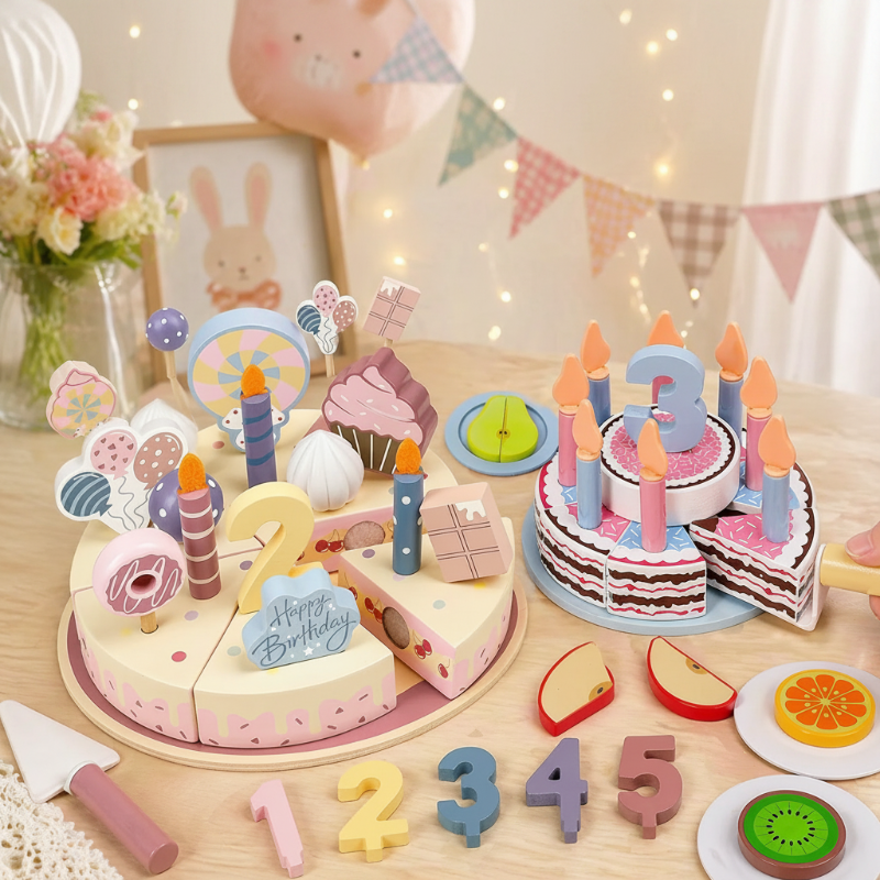Wooden Cake Cutting Toy – Creatividad y juegos de rol – Tarta de cumpleaños de madera