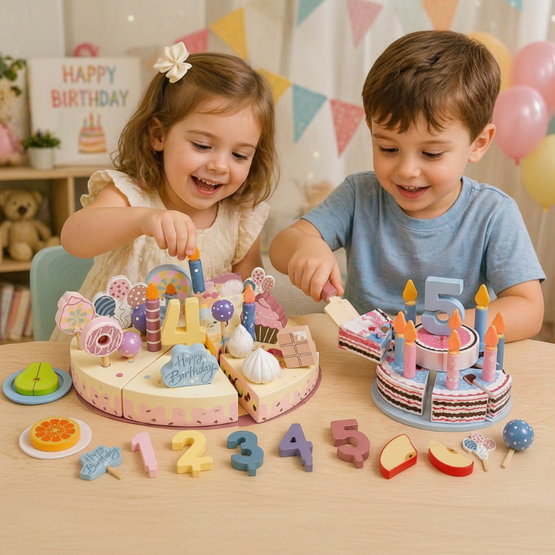 Wooden Cake Cutting Toy – Creatividad y juegos de rol – Tarta de cumpleaños de madera