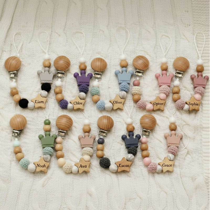 Baby Pacifier Holder – Con nombre – Cuentas personalizadas de madera y silicona