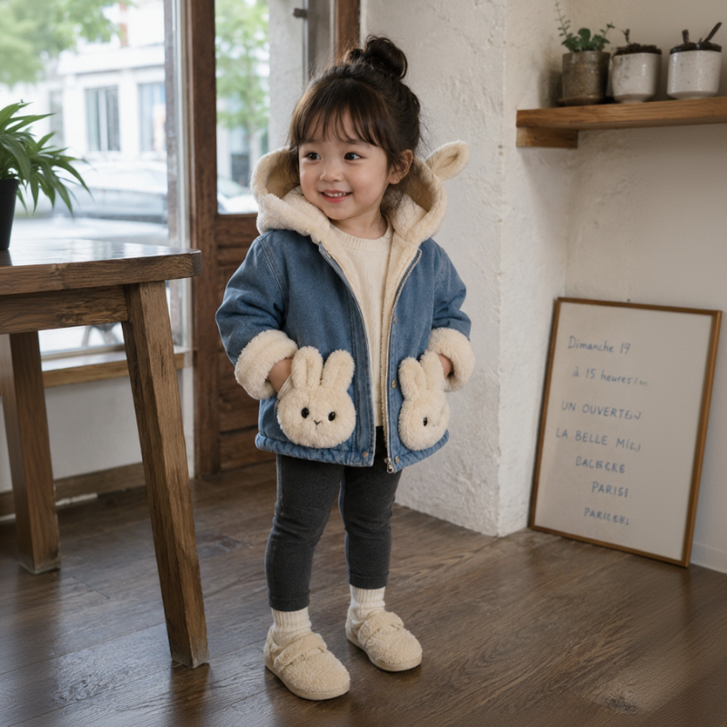 Girls Bunny Denim Coat – Calidez y comodidad – Chaqueta infantil