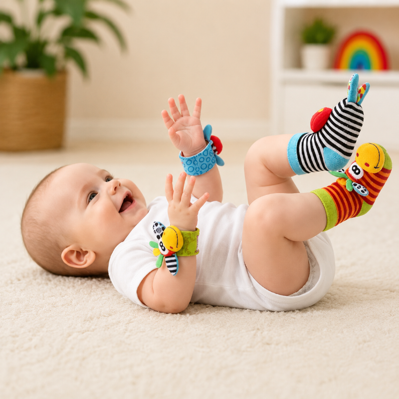 Wrist Rattle and Socks – Motricidad y juego – Sonajeros para bebés (juego de 4)