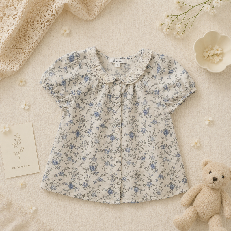 Vine Print Blouse – Ligera y adorable: blusa infantil con mangas abullonadas