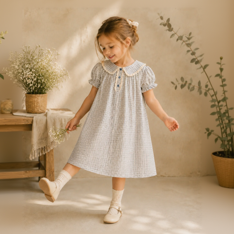 Check Dress – Suave y transpirable – Cuello clásico con mangas abullonadas