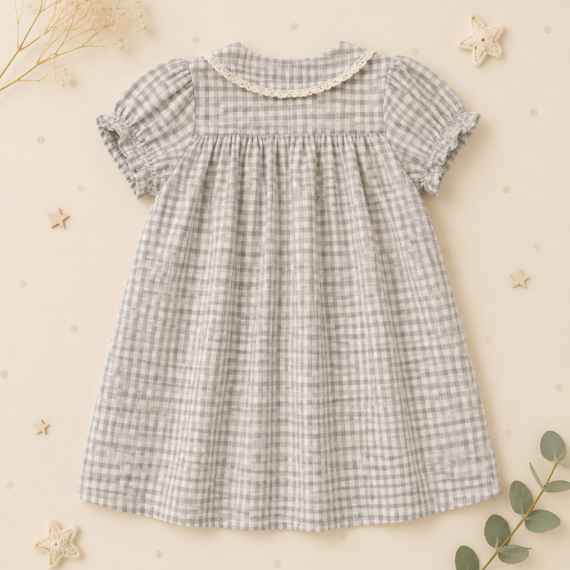 Check Dress – Suave y transpirable – Cuello clásico con mangas abullonadas