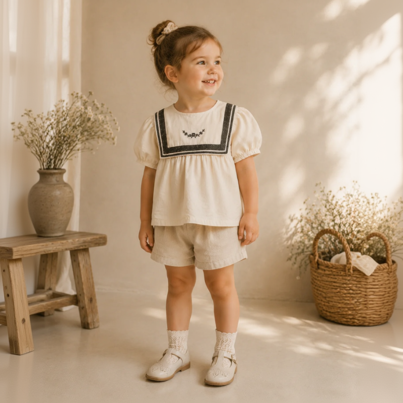 Sailor Top – Elegante y cómoda: camisa con detalles de encaje y mangas abullonadas