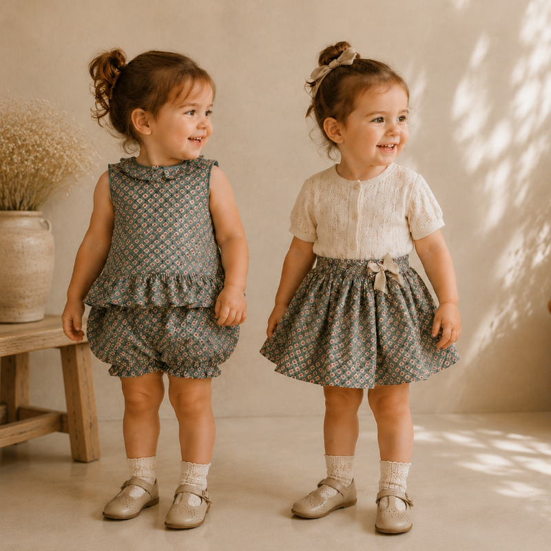 Matching Set – Cómodo y con estampado de margaritas: bombacho, falda y blusa