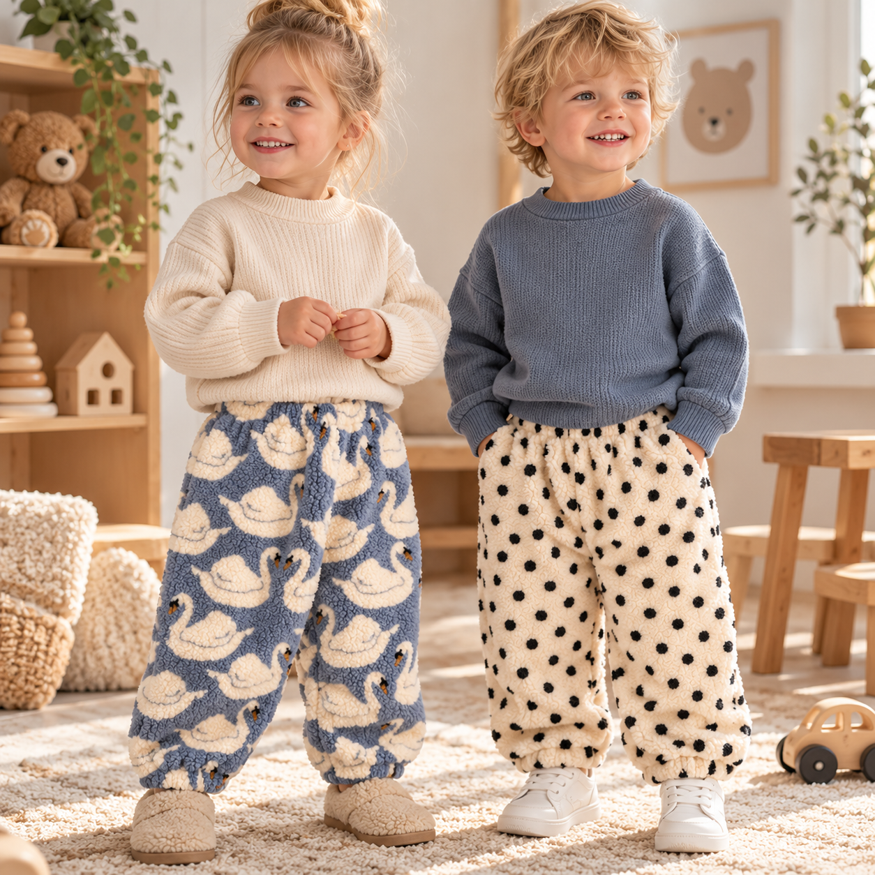 FuzzyPants – Suaves y cálidos: pantalones de felpa para niños con estampados divertidos