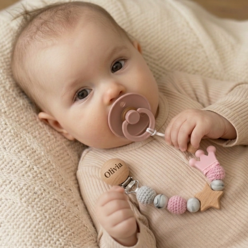 Baby Pacifier Holder – Con nombre – Cuentas personalizadas de madera y silicona