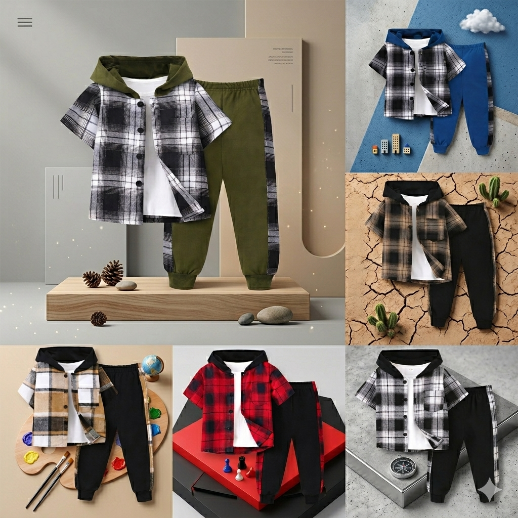 Boys Checkered Outfit – Moderno y cómodo: conjunto de ropa infantil a cuadros