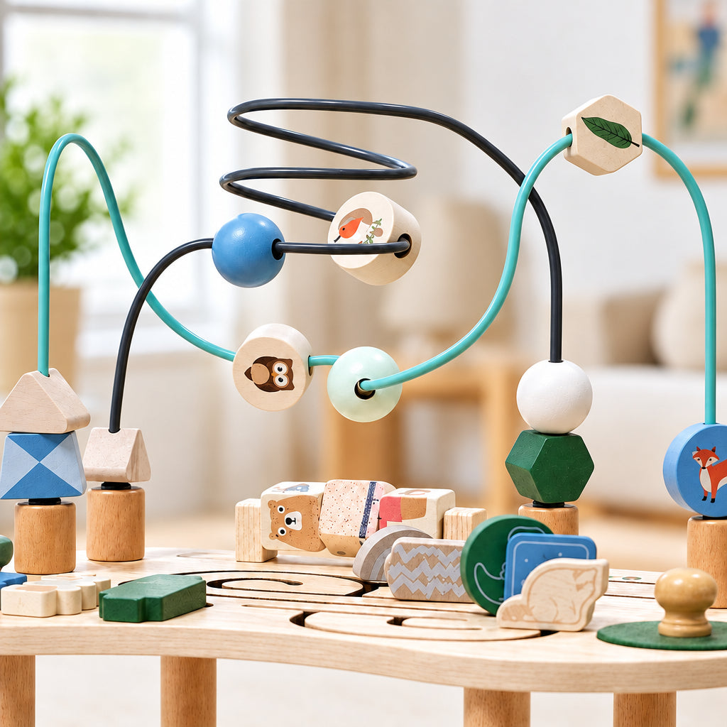 WoodMaze – Divertido y educativo – Mesa de actividades de madera con laberinto de cuentas