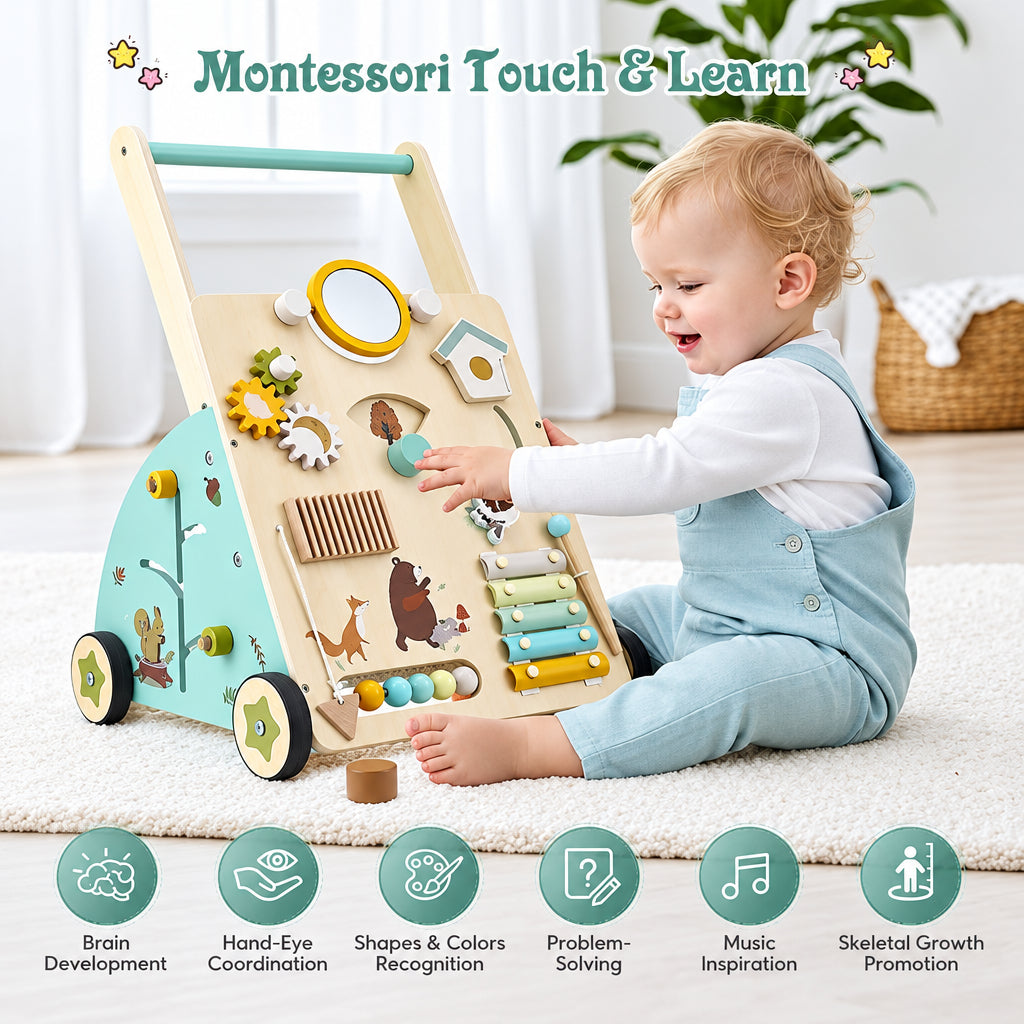 WoodenSteps – Natural y educativo – Andador de madera para bebés con paneles de juego