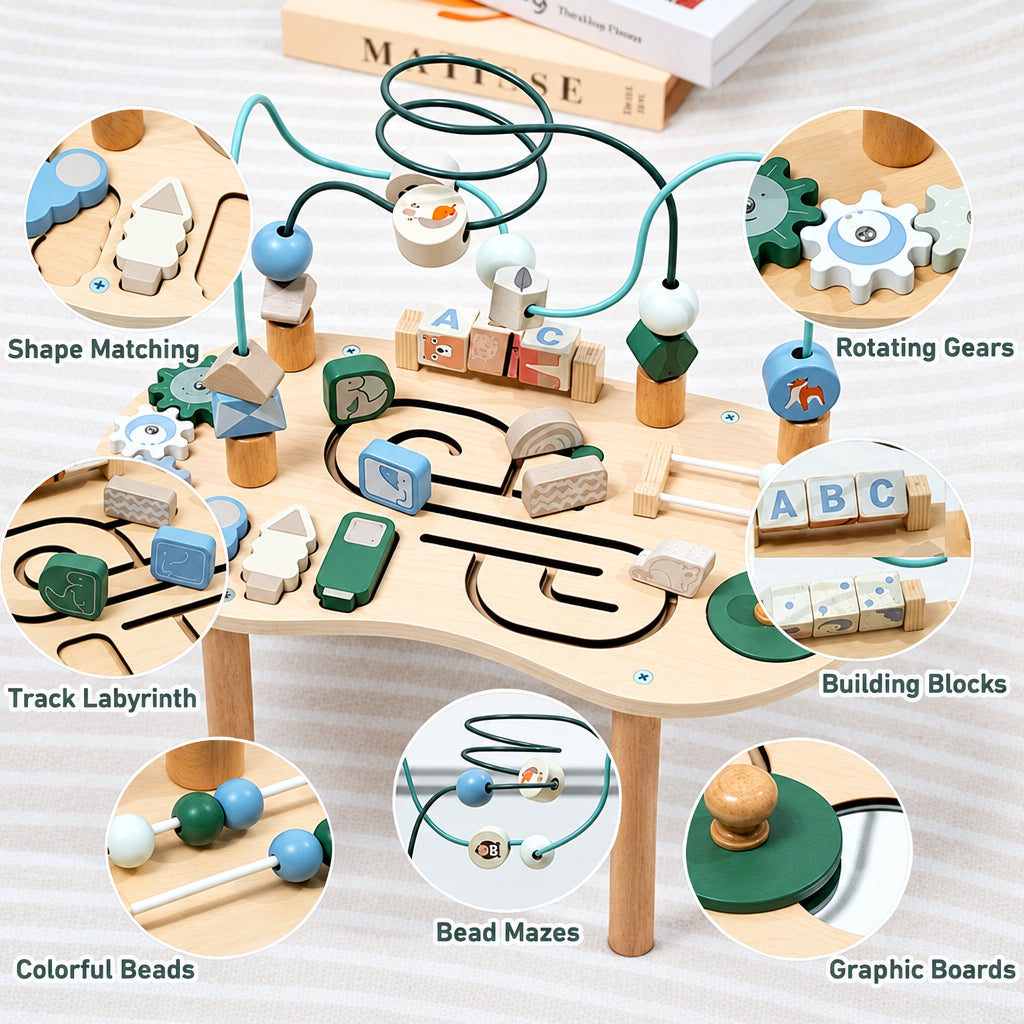 WoodMaze – Divertido y educativo – Mesa de actividades de madera con laberinto de cuentas
