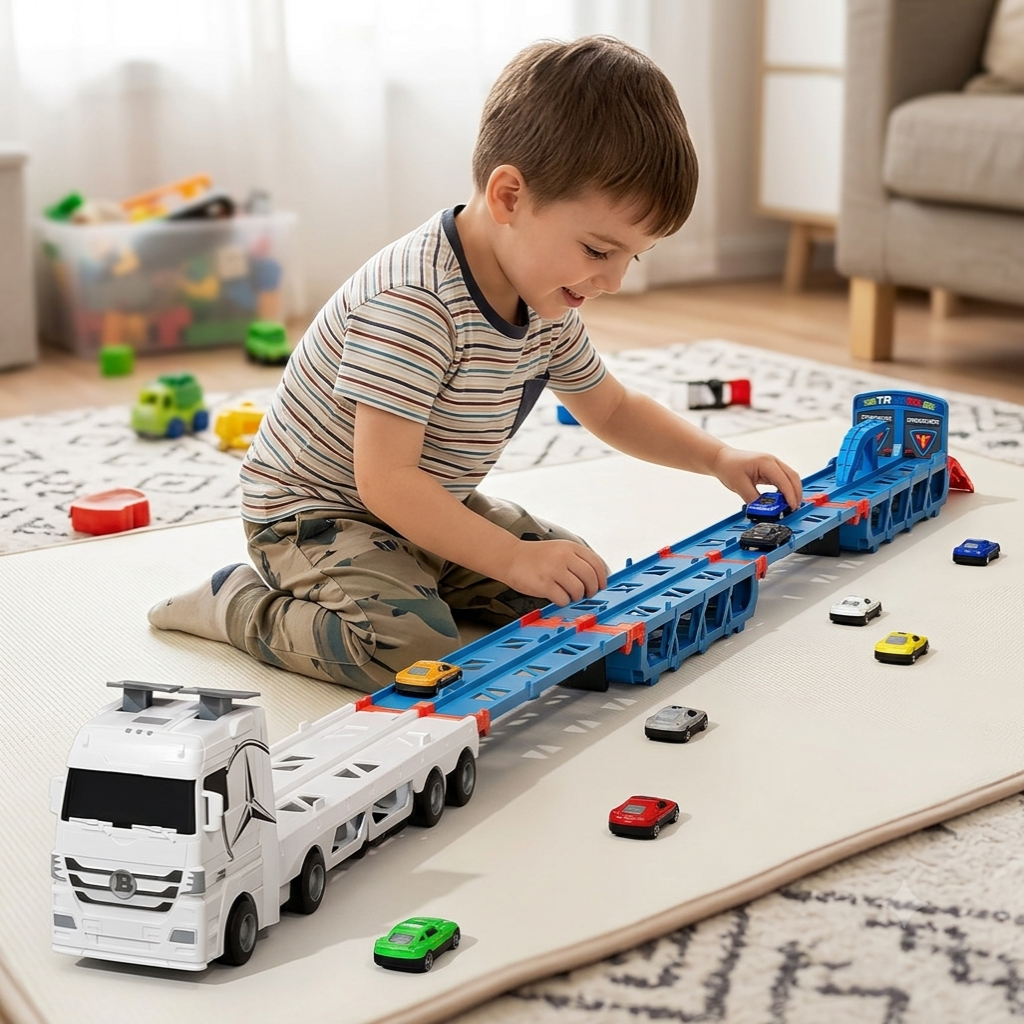 CarHauler – Divertido y lleno de aventuras – Set de juego con camión transportador de coches y coches de carreras
