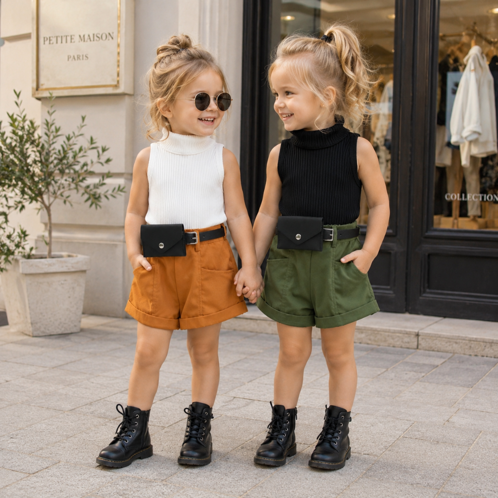 MiniFashionista – Elegancia y tendencias – Conjunto para niñas con camiseta, pantalones cortos y riñonera