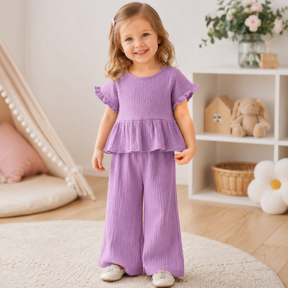 SoftCharm – Elegante y cómodo: conjunto para niñas con top con volantes y pantalón largo