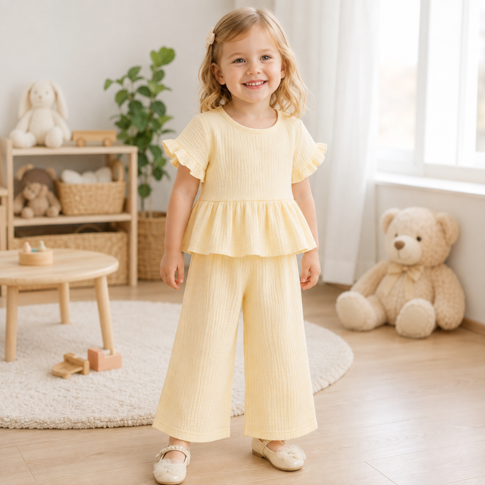 SoftCharm – Elegante y cómodo: conjunto para niñas con top con volantes y pantalón largo