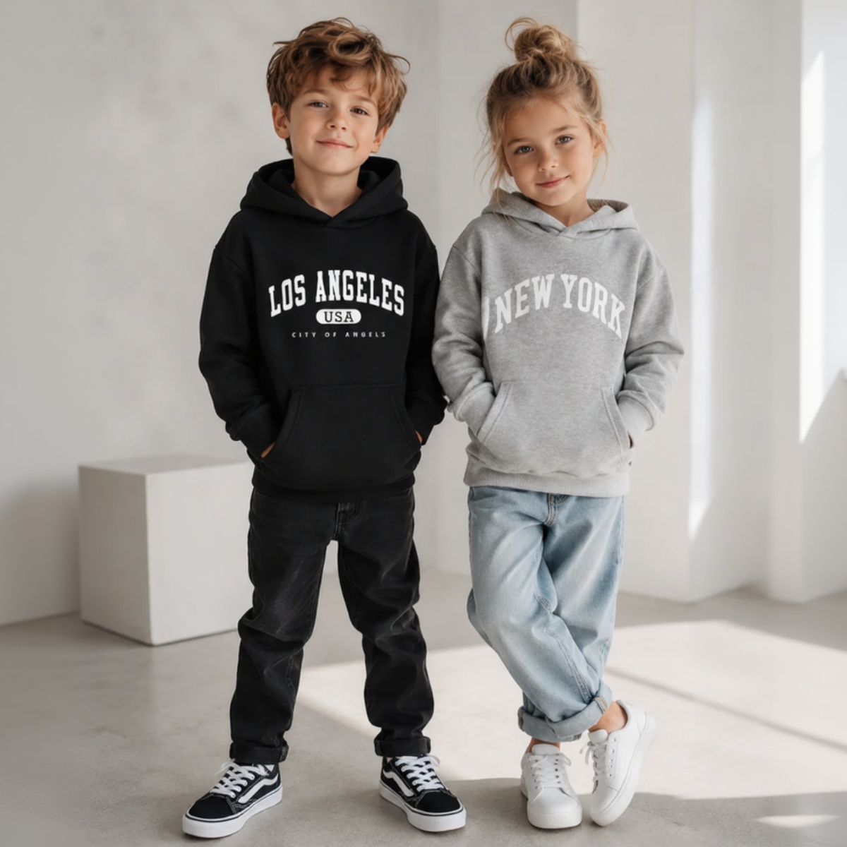 MiniUrban – Acogedor y con estilo: jersey con capucha y estampado de Los Ángeles/Nueva York
