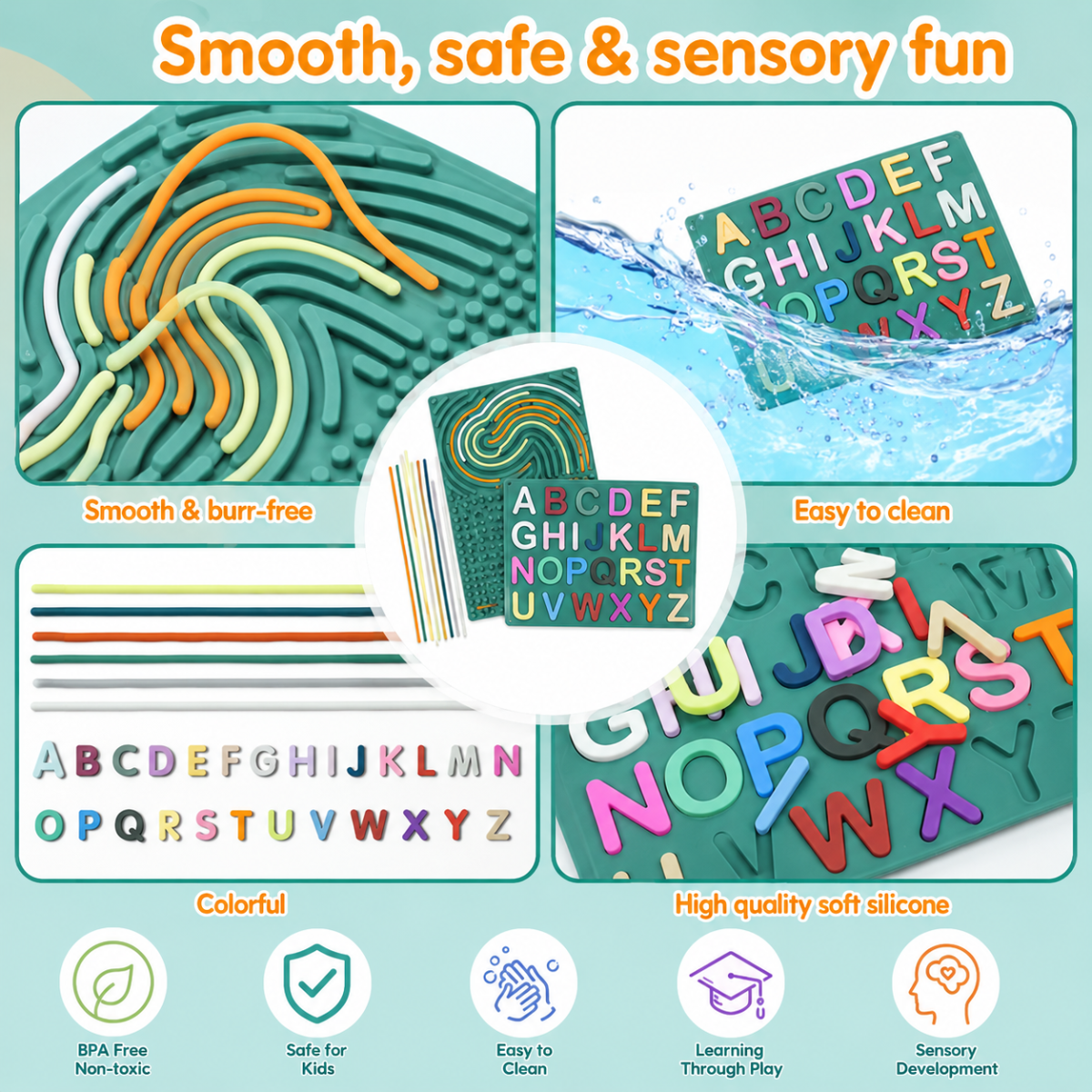 BrainyKids – Educativo y sensorial – Tablero de actividades de silicona con letras