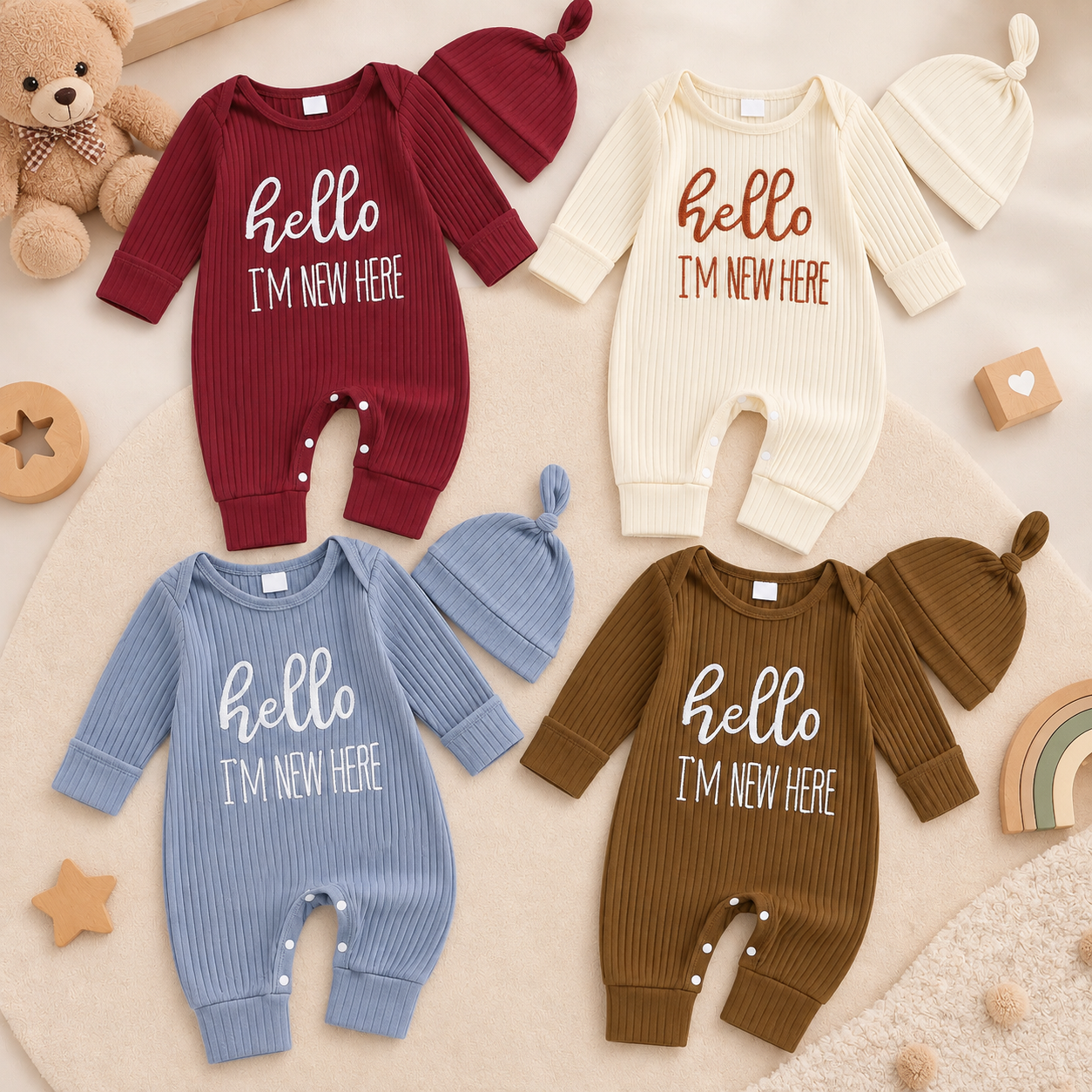 CuddleBaby – Hola, soy nueva aquí: Conjunto de mono y gorrito para bebé