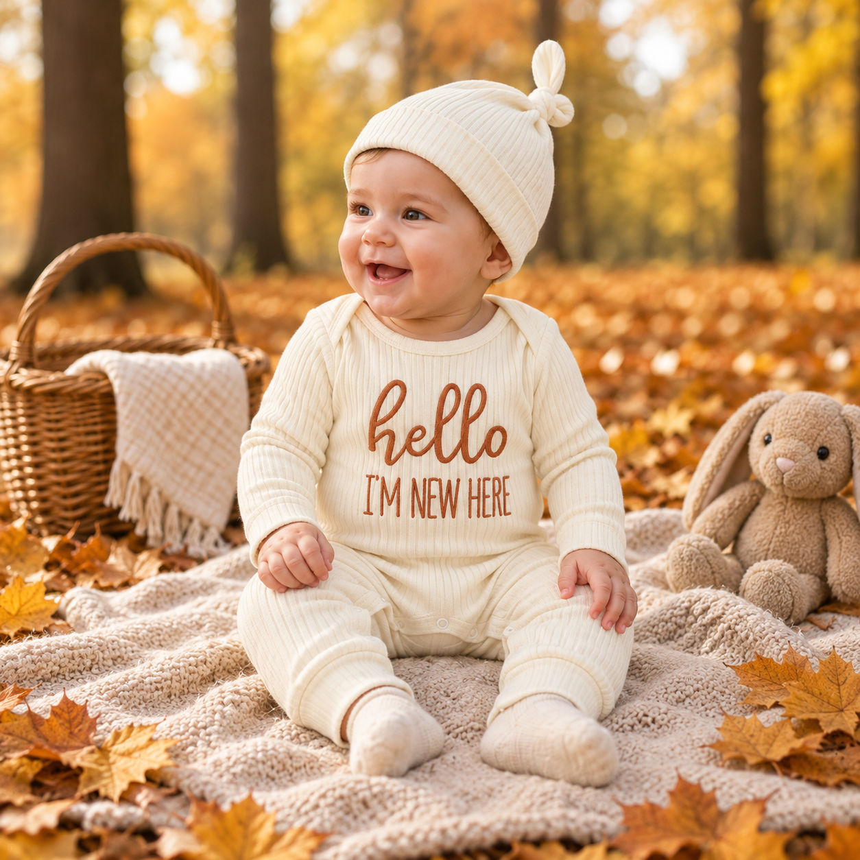CuddleBaby – Hola, soy nueva aquí: Conjunto de mono y gorrito para bebé