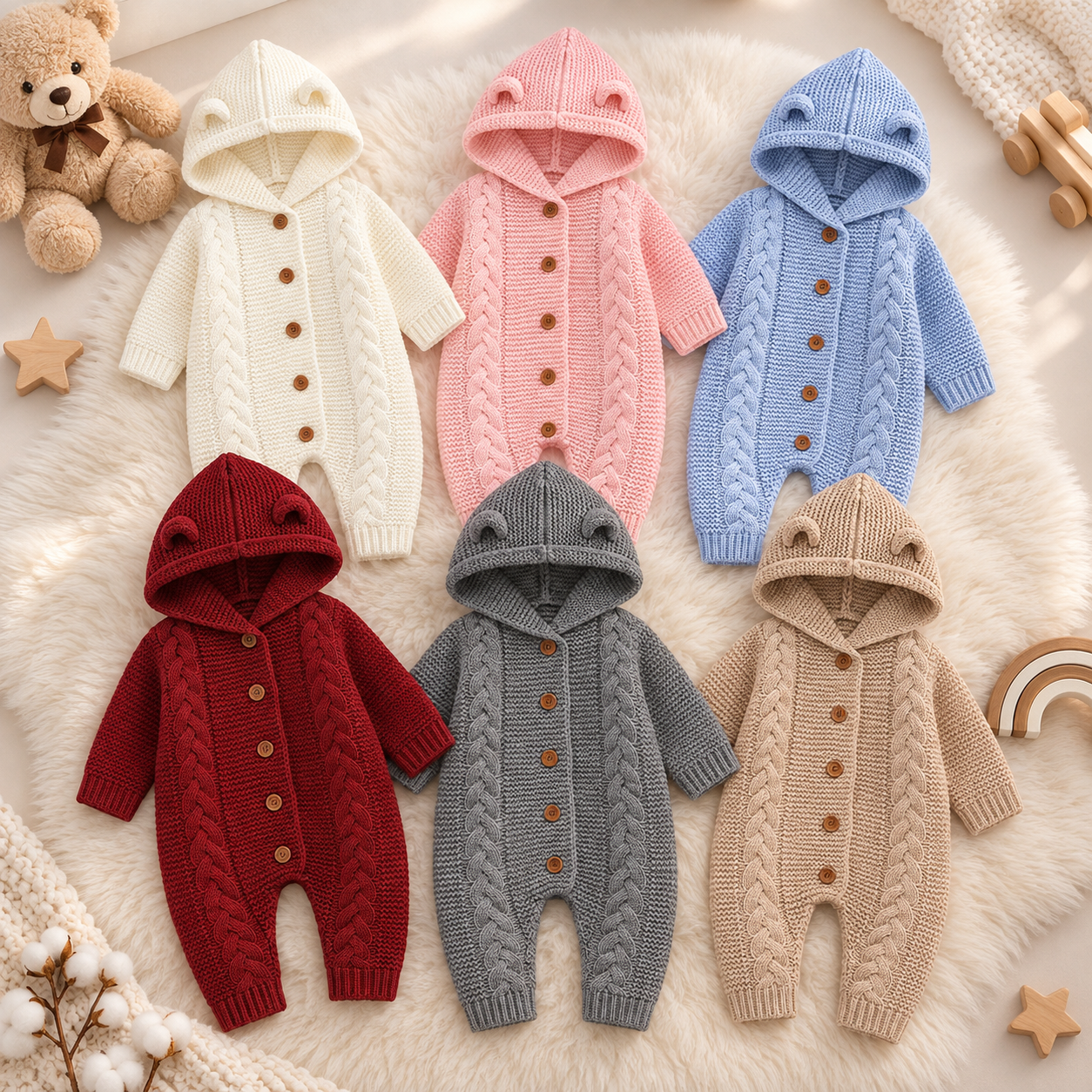 SoftKnit – Cálido y adorable: mono de punto con capucha para bebé