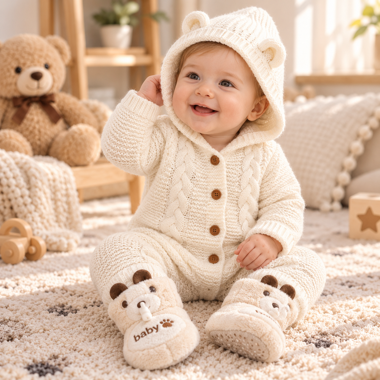 SoftKnit – Cálido y adorable: mono de punto con capucha para bebé